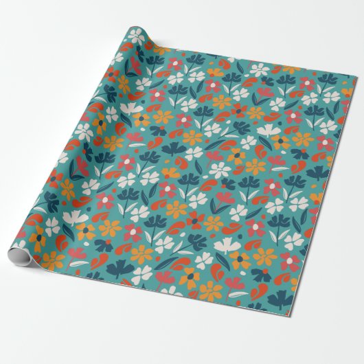 Veelkleurige bloesems - blauw cadeaupapier (Uitgerold)