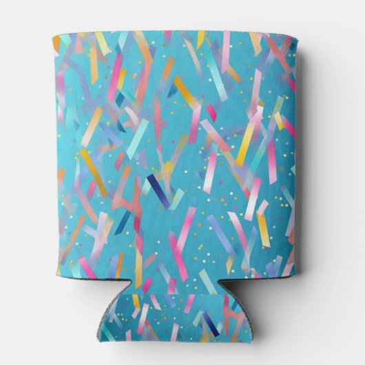 Veelkleurige confetti achtergrond op blauw blikjeskoeler (Achterkant)