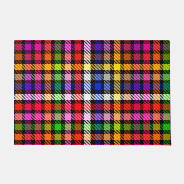 Veelkleurige Flanel Twill Plaid Tartan op zwart Deurmat (Voorkant)