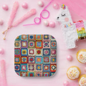 Veelkleurige gehaakte Granny Square Quilt Papieren Bordje (Feest)