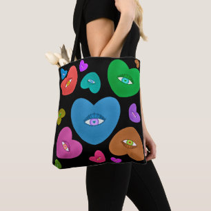 Veelkleurige harten met oogbal Liefde Valentijnse Tote Bag