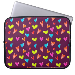 Veelkleurige harten: Waterverf Paarse patroon. Laptop Sleeve