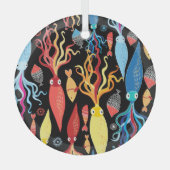 Veelkleurige inktvis zwarte achtergrond glas ornament (Voorkant)