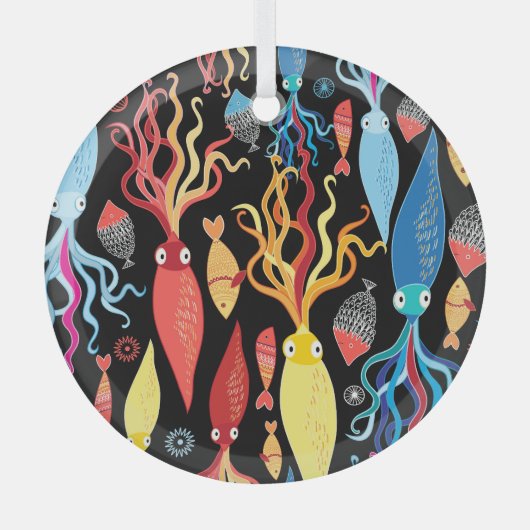 Veelkleurige inktvis zwarte achtergrond glas ornament (Voorkant)