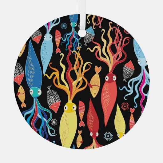Veelkleurige inktvis zwarte achtergrond glas ornament (Achterkant)