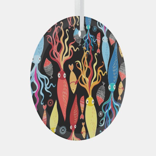 Veelkleurige inktvis zwarte achtergrond glas ornament (Voorkant Rechts)