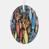 Veelkleurige inktvis zwarte achtergrond glas ornament (Voorkant links)