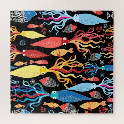Veelkleurige inktvis zwarte achtergrond legpuzzel (Horizontaal)