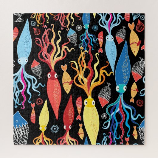 Veelkleurige inktvis zwarte achtergrond legpuzzel (Verticaal)