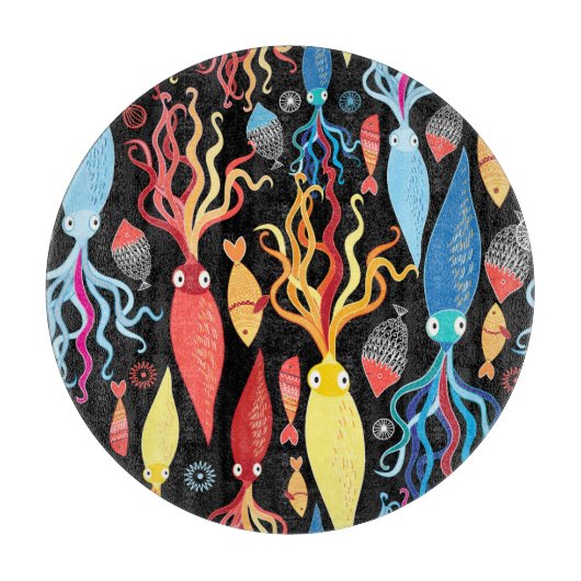 Veelkleurige inktvis zwarte achtergrond snijplank (Voorkant)