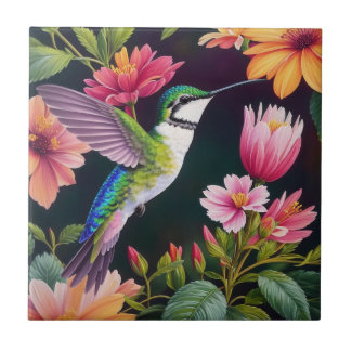 Veelkleurige kolibrie Bloemenkunst Tegeltje