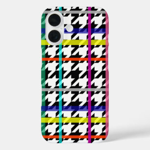 Veelkleurige lijnen op geplakt houndstooth ontwerp iPhone 16 hoesje