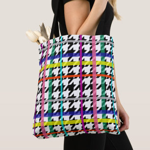 Veelkleurige lijnen op geplakt houndstooth ontwerp tote bag