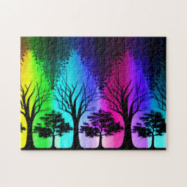 Veelkleurige lucht over zwarte silhouet bomen legpuzzel