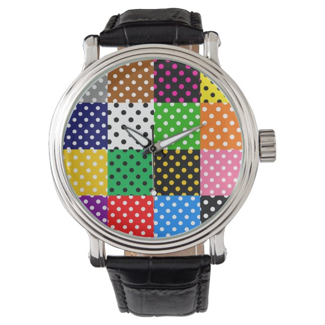 Veelkleurige Patchwork Quilt Polka Dots Horloge (Voorkant)