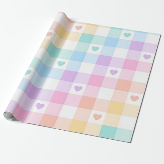 Veelkleurige Plaid Pastel Harten Cadeaupapier (Uitgerold)