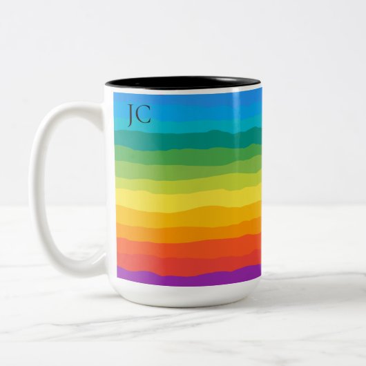 Veelkleurige regenboog Wiggly Stripes Tweekleurige Koffiemok (Links)