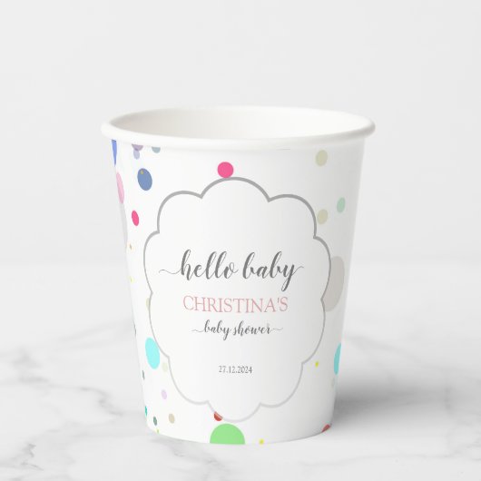 Veelkleurige Stip Hallo "Baby" Baby shower Papieren Bekers (Voorkant)
