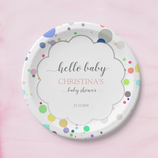 Veelkleurige Stip Hallo "Baby" Baby shower Papieren Bordje