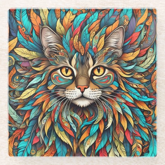 Veelkleurige veren Cat 737 Glazen Onderzetter (Voorkant)