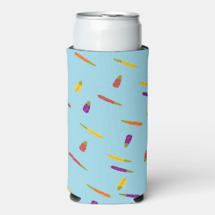 Veelkleurige veren patroon op blauw seltzer blikjeskoeler