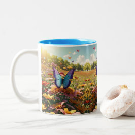 Veelkleurige vlinder fladderen Art Print Tweekleurige Koffiemok