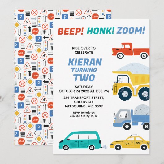 Veelkleurige voertuigen vervoeren verjaardag kaart (Voorkant / Achterkant)