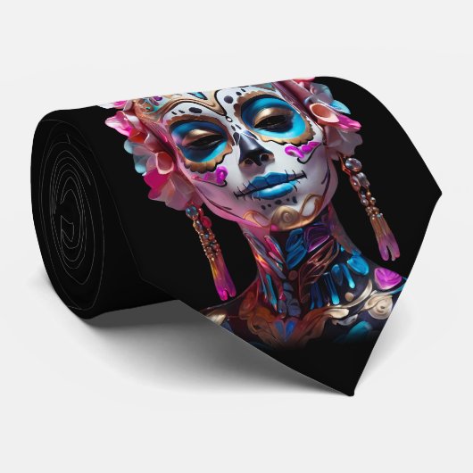 Veelkleurige vrouwen Sugar Skull Día de los Muerto Stropdas (Opgerold)