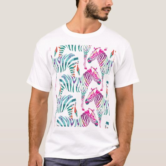 Veelkleurige Zebra: Mode Oerwoud Print. T-shirt (Voorkant)