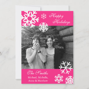 Veelvoudige Snowflakes kerstfotokaart Hot Pink Feestdagenkaart
