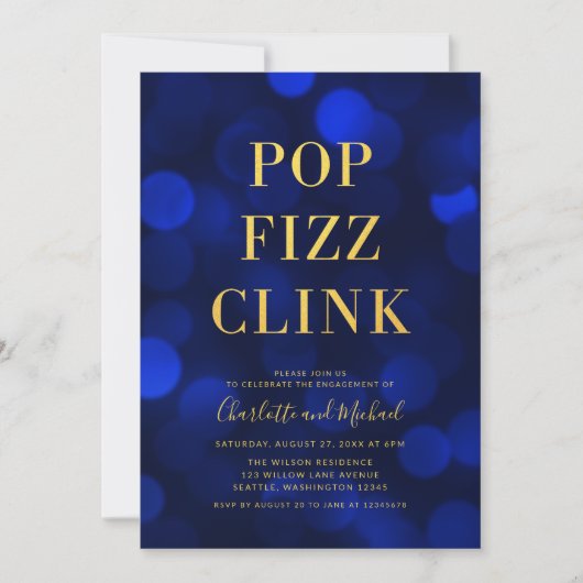Veelzijdige Blue Bokeh Gold Pop Fizz Clink Party Kaart (Voorkant)