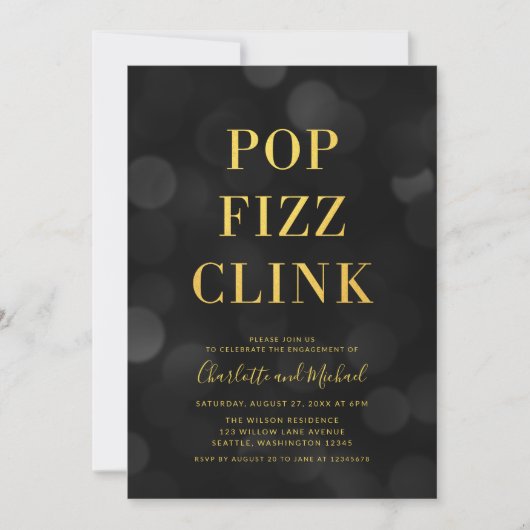 Veelzijdige Dark Bokeh Gold Pop Fizz Clink Party Kaart (Voorkant)