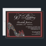 Veelzijdige Floral Shoe 90th Birthday Invite Red Kaart<br><div class="desc">Dit is een absoluut prachtige en gesofisticeerde uitnodiging van het 90ste verjaardagsfeest die pure elegantie en vrouwelijkheid uitstraalt. Gedaan in een klastige, gedempte, gekleurde, florale schoen met hoge hak, dit is een chique uitnodiging voor de klassieke vrouw in je leven die haar negentigste verjaardag viert. Jullie gasten zullen onder de...</div>