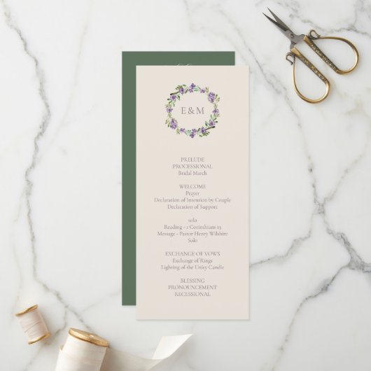 Veelzijdige Klassieke Script Floral Wreath Wedding Programmakaart (Voorkant / Achterkant in situ)