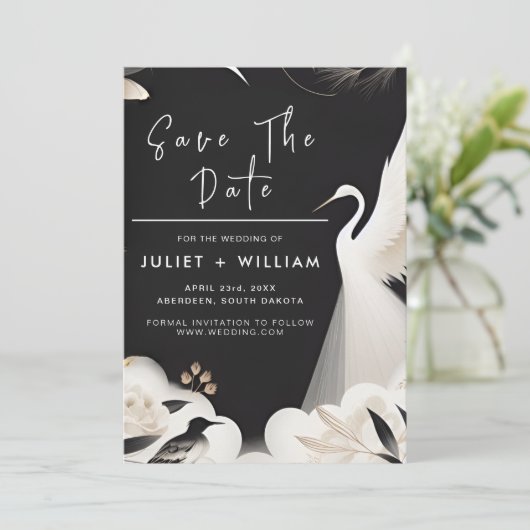 Veer Aziatische Sky Cloud Crane Leuk Bruiloft Save The Date (Staand voorkant)