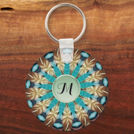 Veer Blauwgroen, bruin, blauw en groen Mandala Sleutelhanger (Voorkant)