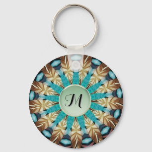 Veer Blauwgroen, bruin, blauw en groen Mandala Sleutelhanger
