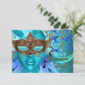 Veer Blauwgroen Gold Mask Masquerade Party RSVP (Staand voorkant)