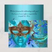 Veer Blauwgroen Gold Mask Masquerade Party RSVP (Voorkant / Achterkant)