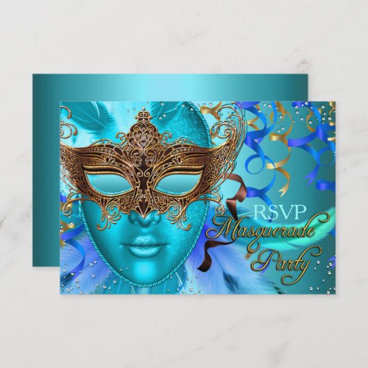 Veer Blauwgroen Gold Mask Masquerade Party RSVP (Voorkant / Achterkant)