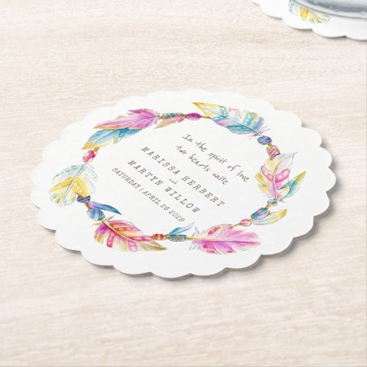 Veer en kralen krans boho bruiloft onderzetters (Gekanteld)