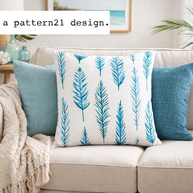 veer- en varenblauw patroon kussen (Watercolor fern pillow adds fresh blue botanical pattern to relaxed coastal interiors)