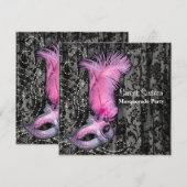 Veer Masker Roze Zwart Sweet 16 Masquerade Party Kaart (Voorkant / Achterkant)
