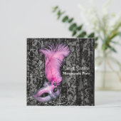 Veer Masker Roze Zwart Sweet 16 Masquerade Party Kaart (Staand voorkant)