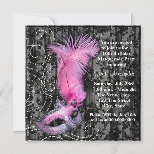 Veer Masker Roze Zwart Sweet 16 Masquerade Party Kaart (Achterkant)