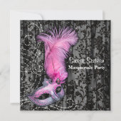 Veer Masker Roze Zwart Sweet 16 Masquerade Party Kaart (Voorkant)
