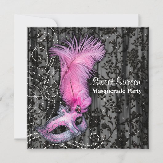 Veer Masker Roze Zwart Sweet 16 Masquerade Party Kaart (Voorkant)