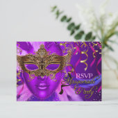 Veer Paarse & Gouden Masker Maskerade Party RSVP (Staand voorkant)