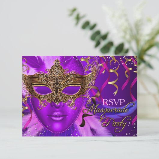 Veer Paarse & Gouden Masker Maskerade Party RSVP (Staand voorkant)
