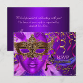 Veer Paarse & Gouden Masker Maskerade Party RSVP (Voorkant / Achterkant)